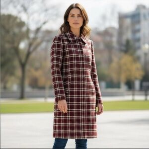 Burgundy and Cream Plaid trench jacket coat wool blend size 11 / 12 NWOT Express
